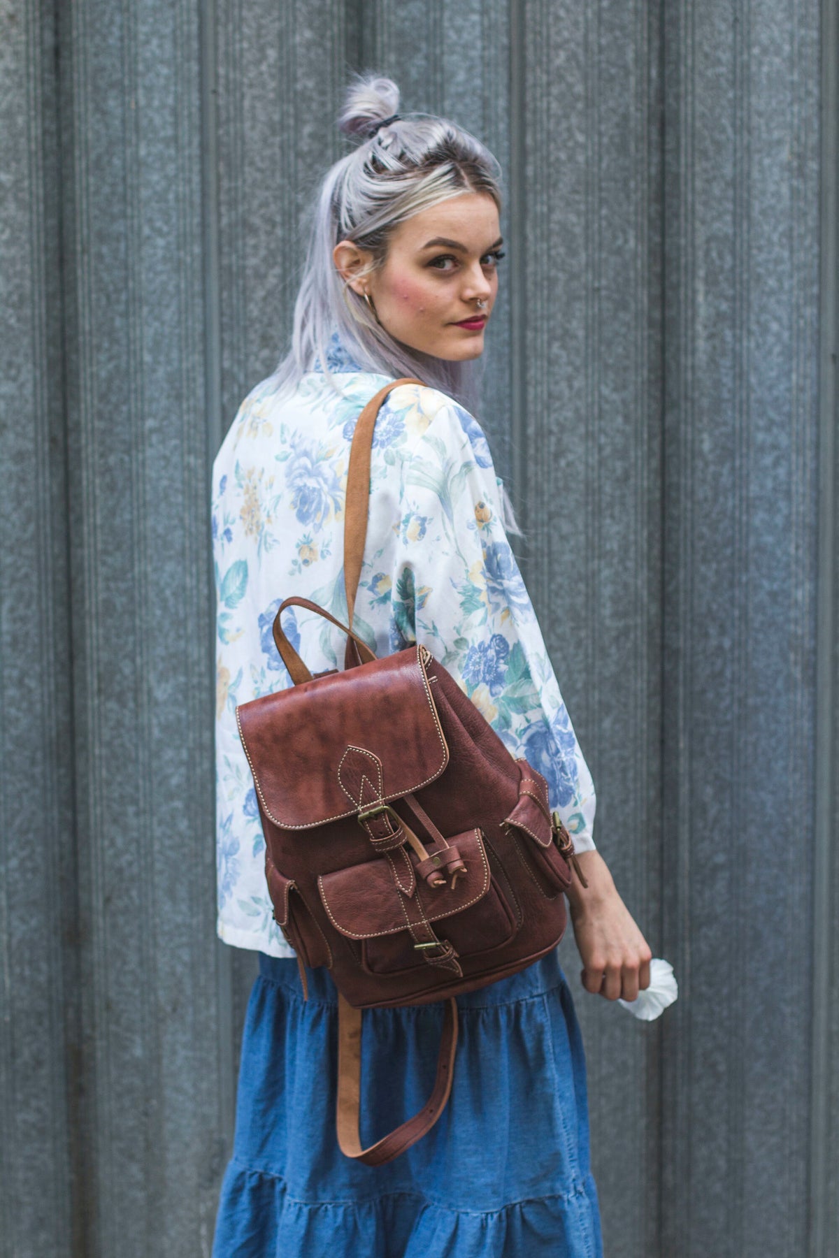 Brown Leather Rucksack Backpack 80's Festival Style