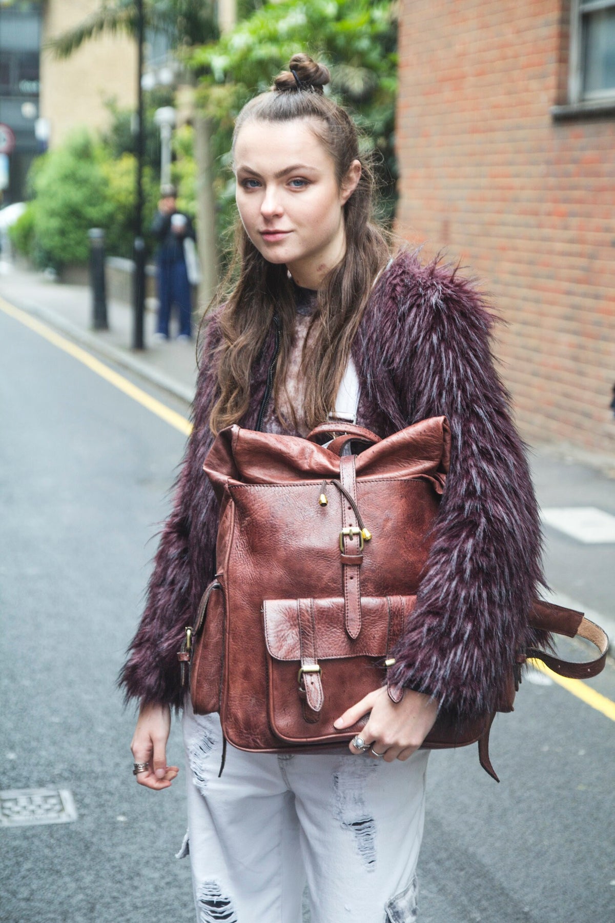 Leather Rucksack With Roll Top And Soft Quilted Back In Brown