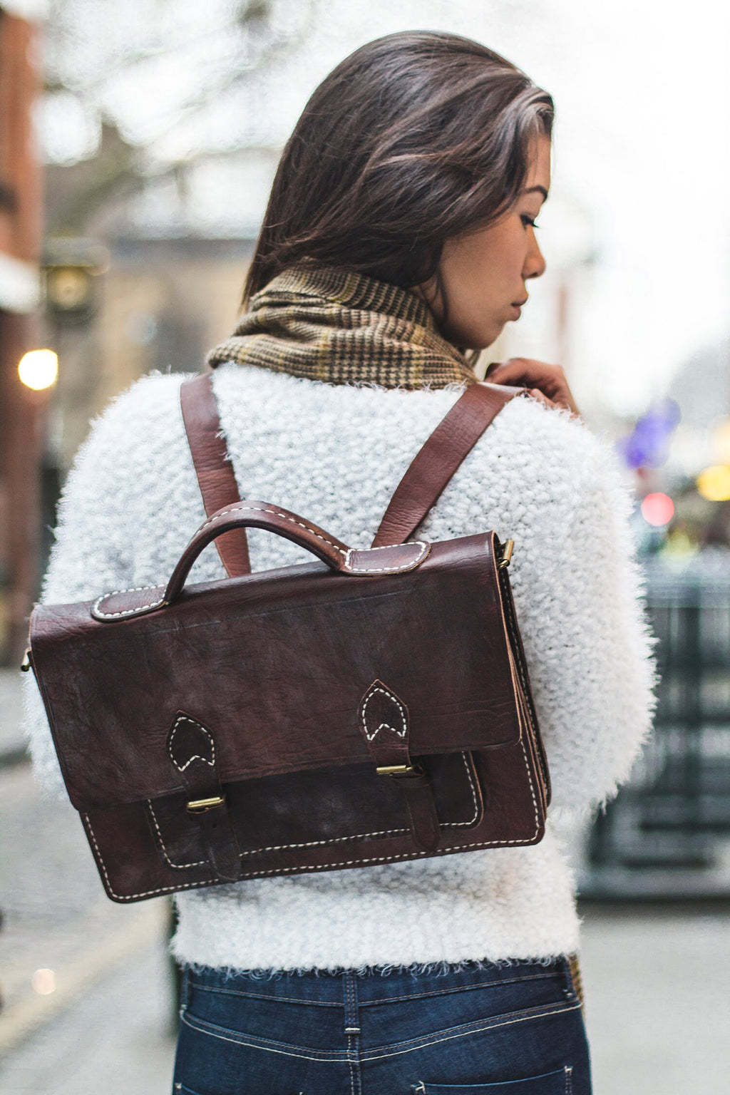 Moroccan Leather Satchel Backpack In Dark Brown