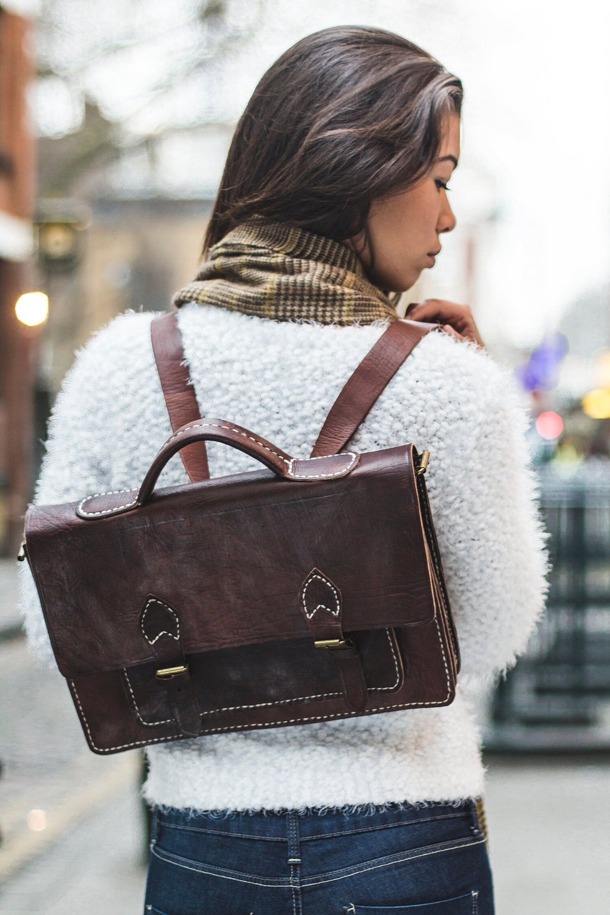 Moroccan Leather Satchel Backpack In Dark Brown