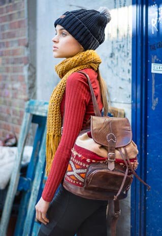 Mixed Kilim Carpet and Moroccan Leather Rucksack