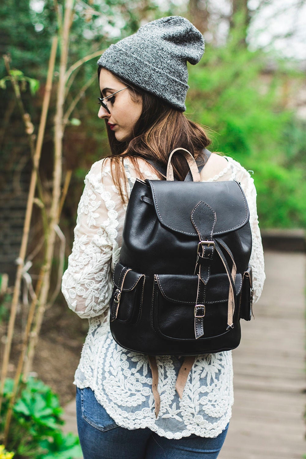 Black Leather Rucksack Hand Made Boho Style