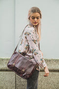 Gloss Leather Work Messenger Satchel In Coco Brown