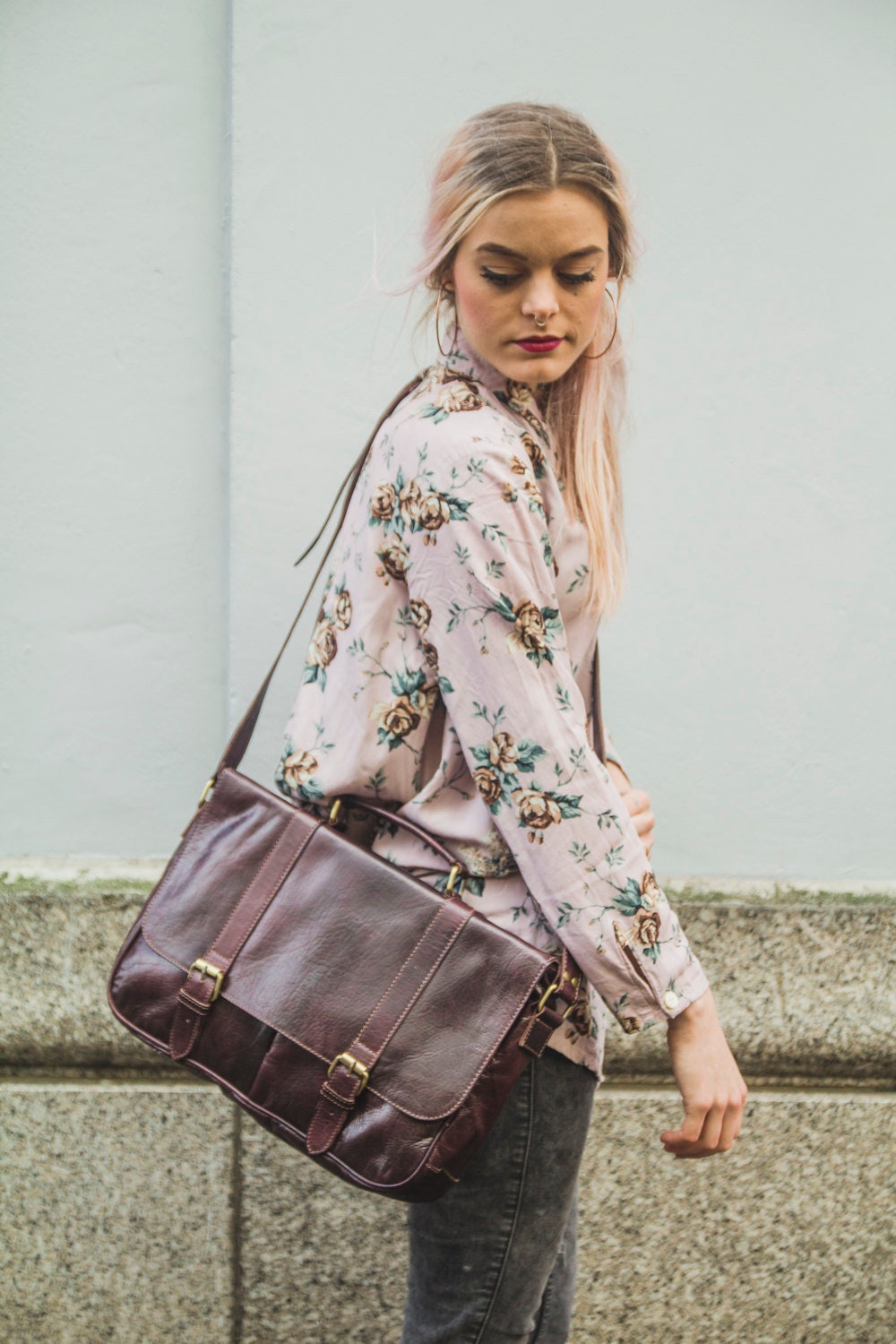 Gloss Leather Work Messenger Satchel In Coco Brown