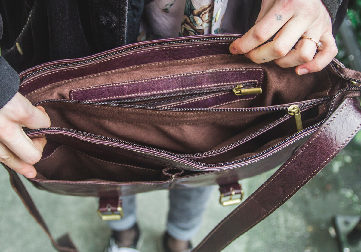 Gloss Leather Work Messenger Satchel In Coco Brown