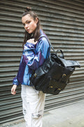 Roll Top Black Leather Rucksack With Padded Quilted Back