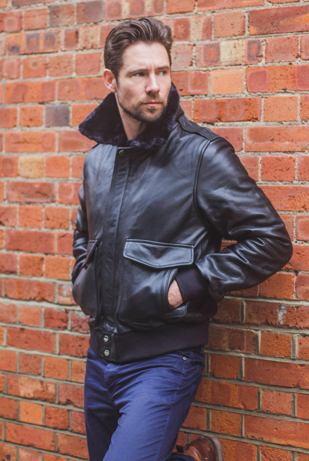Black Leather & Shearling Collar G-1 Pilot Aviator Jacket (Removable Double Breasted)