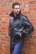 Black Leather & Shearling Collar G-1 Pilot Aviator Jacket (Removable Double Breasted)
