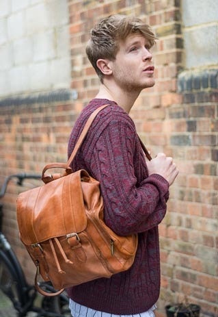 Tan Leather Retro Backpack Rucksack With Flap