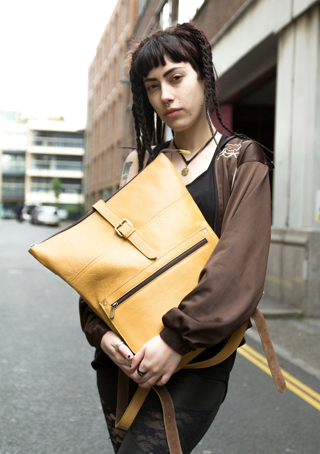 Leather Work Backpack In Mustard Yellow
