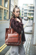 Stressed Brown Leather Shopper Tote Bag