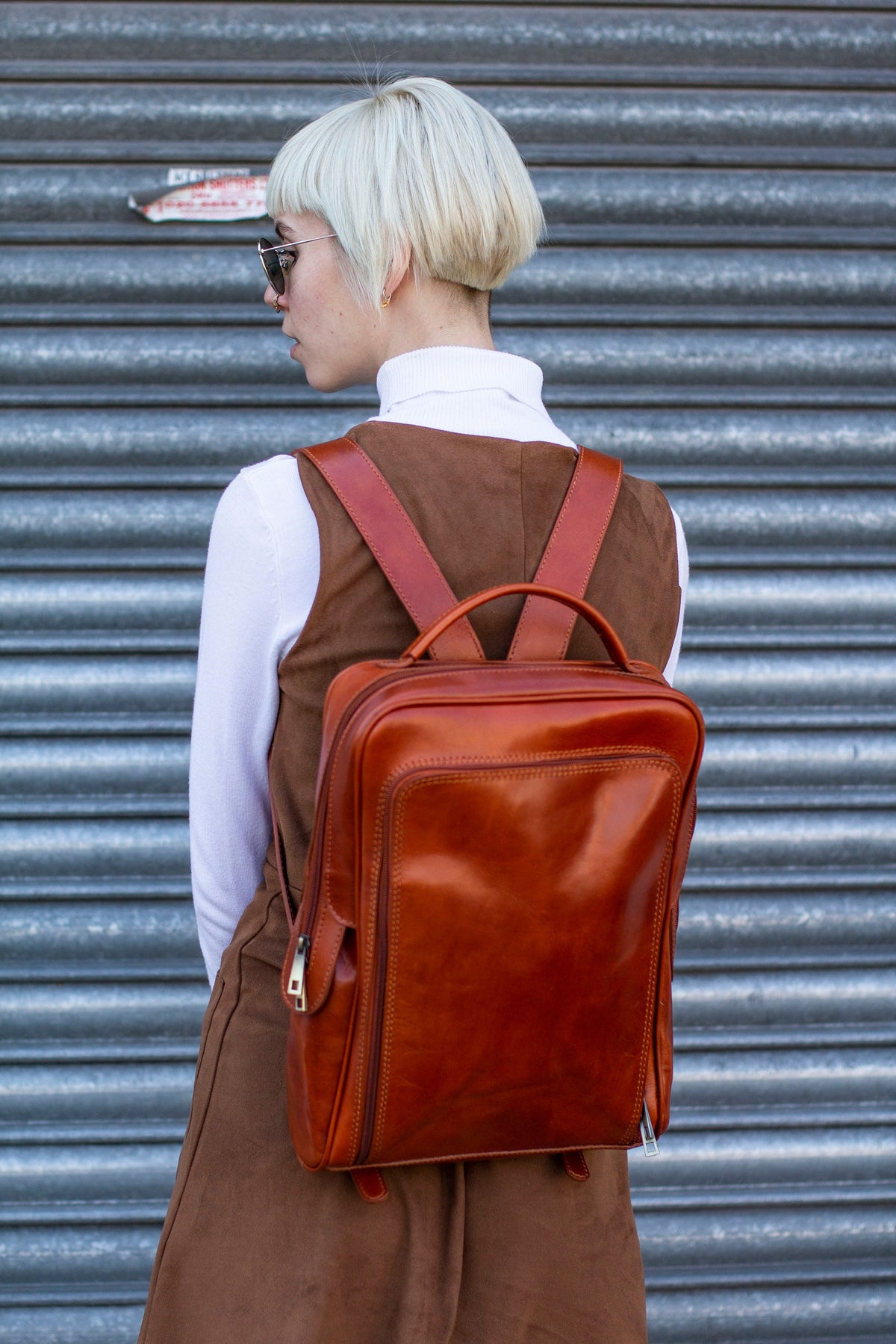 Leather Backpack In Matte Brown With Pockets