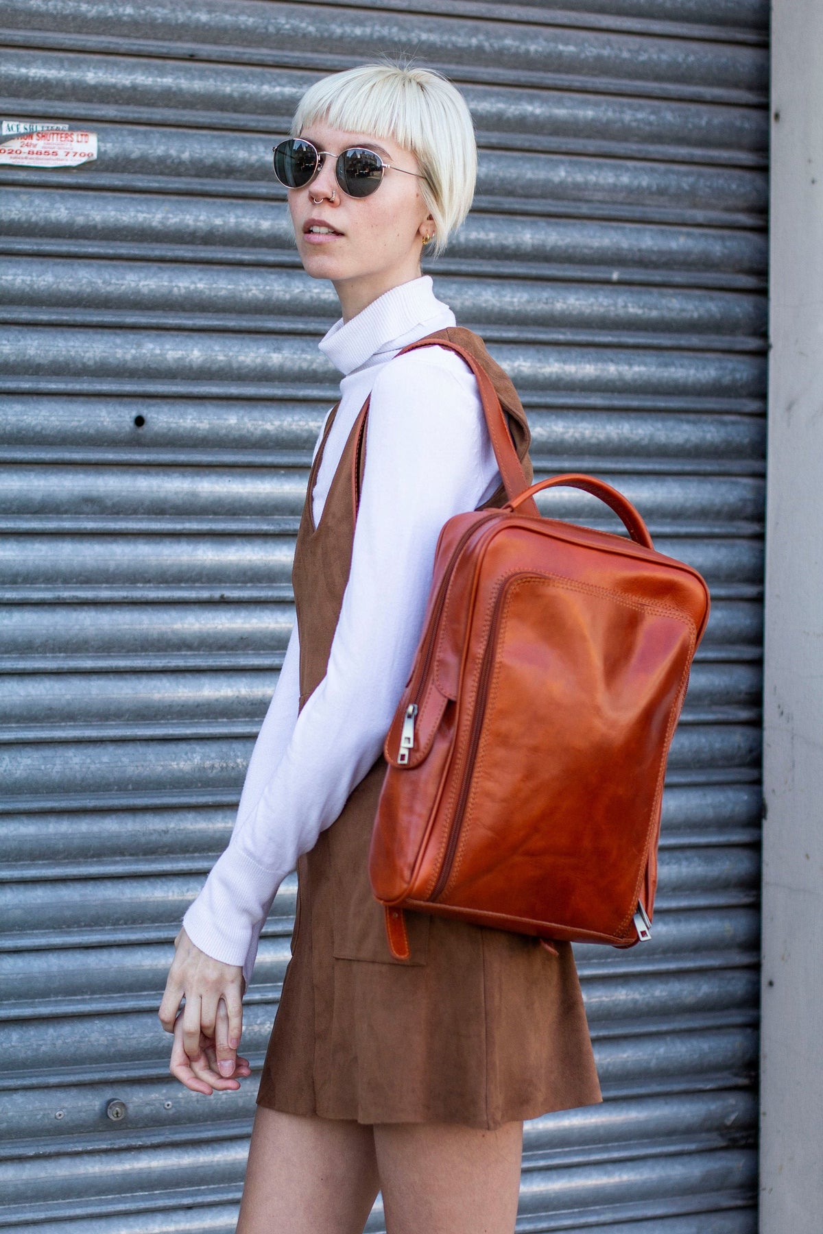 Leather Backpack In Matte Brown With Pockets