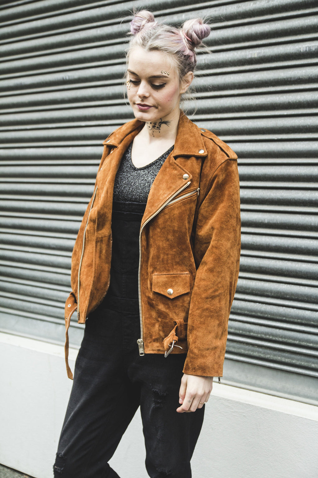 Tan Suede Biker Jacket With Zipper