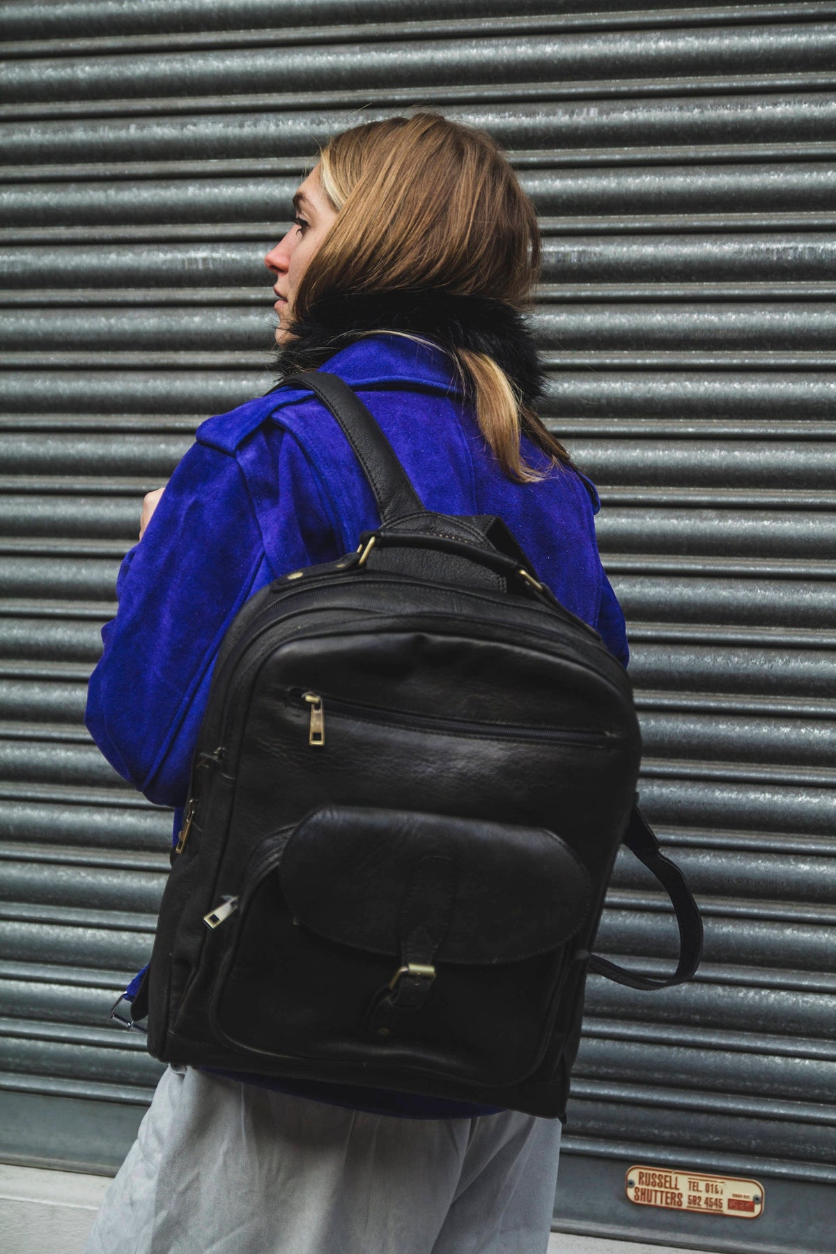 Black Leather Office Backpack With Internal Padding