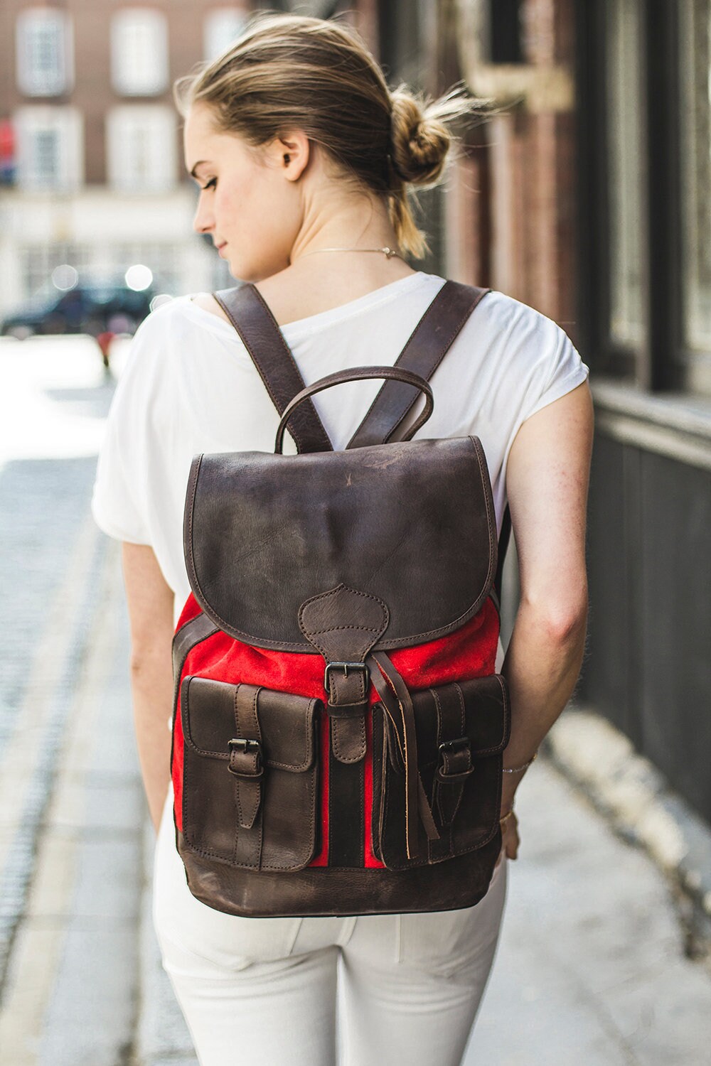 Red Suede and Leather Rucksack Backpack Premium