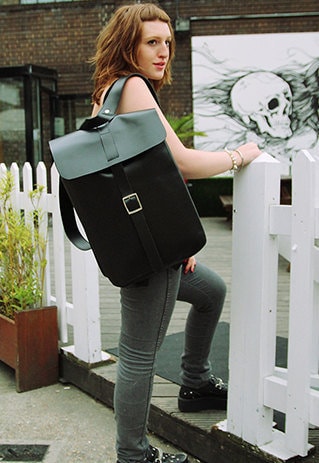 Black Leather Box Shaped Rucksack Backpack