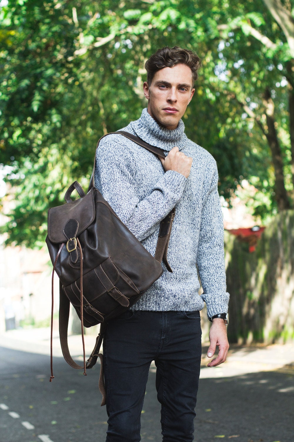 Premium Hunter Leather Rucksack Backpack In Brown