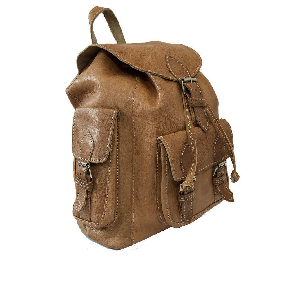 Vintage Style Tan Brown Leather Rucksack Backpack