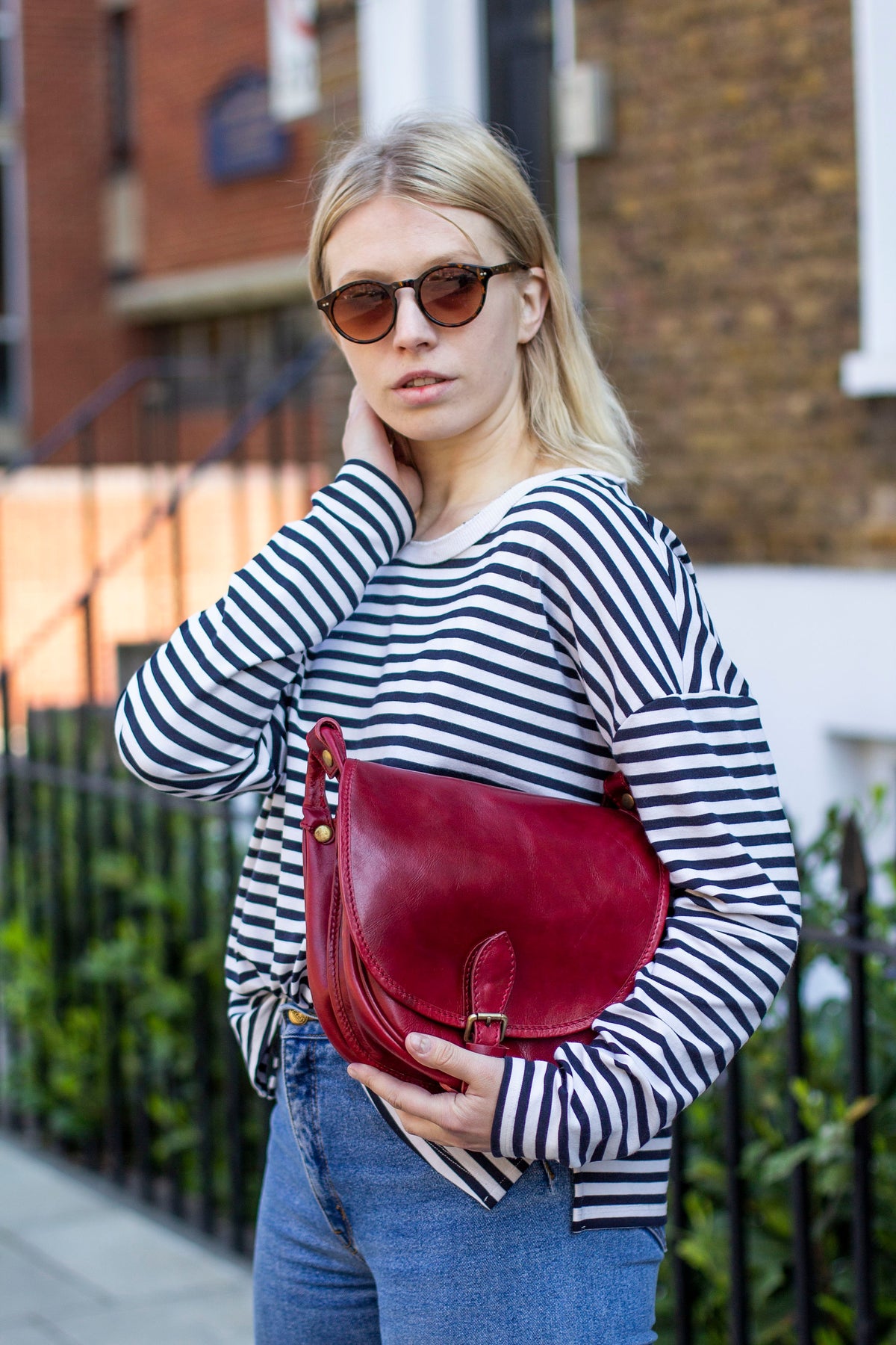 Leather Satchel Saddle Bag In Dark Red Burgundy