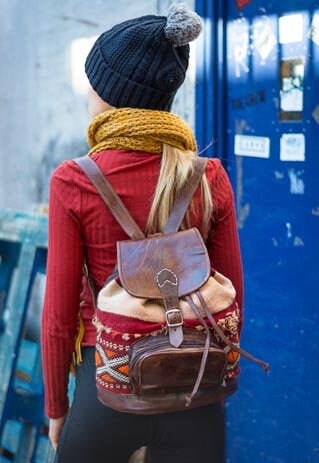 Mixed Kilim Carpet and Moroccan Leather Rucksack