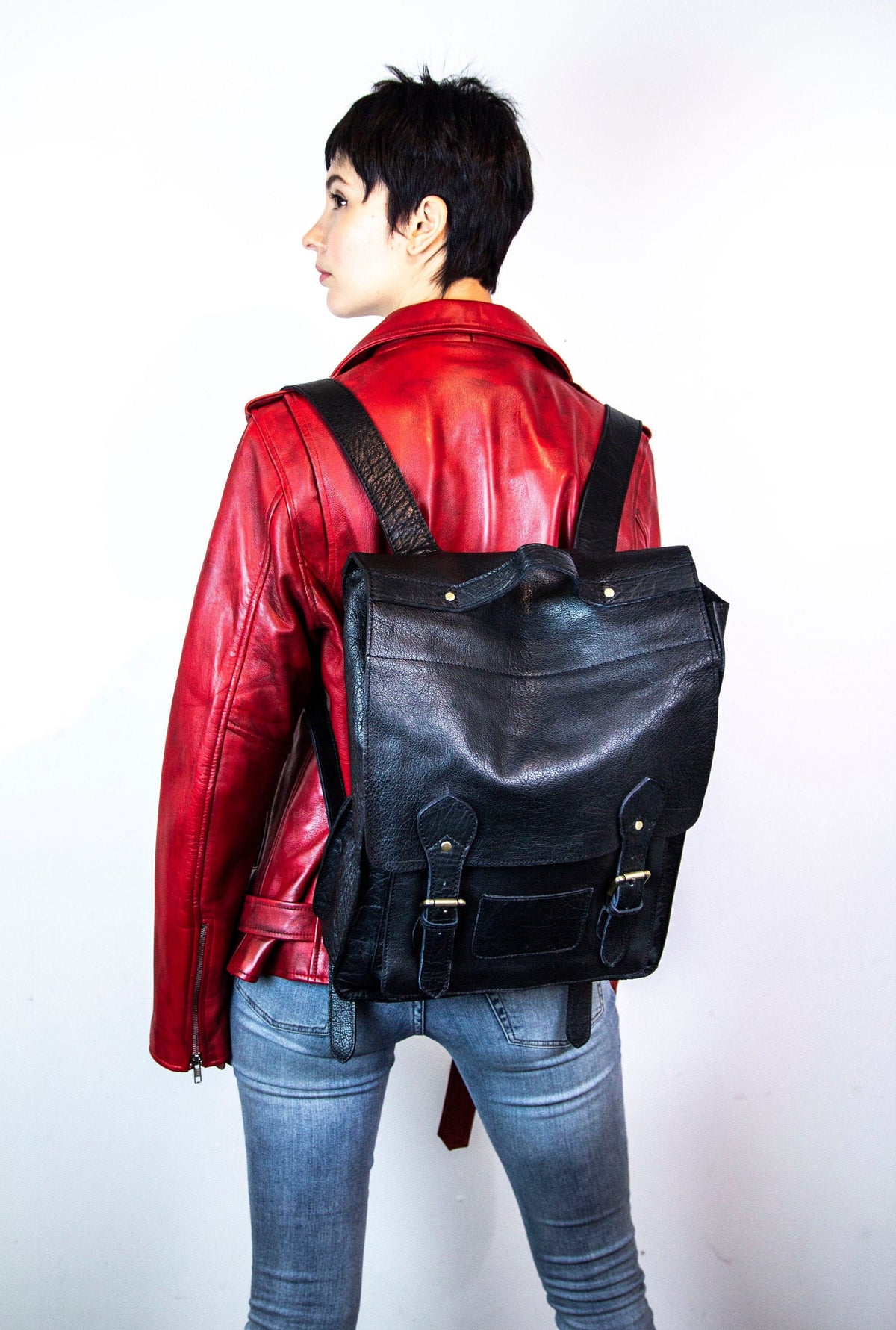 Grained Black Leather Work Backpack Rucksack