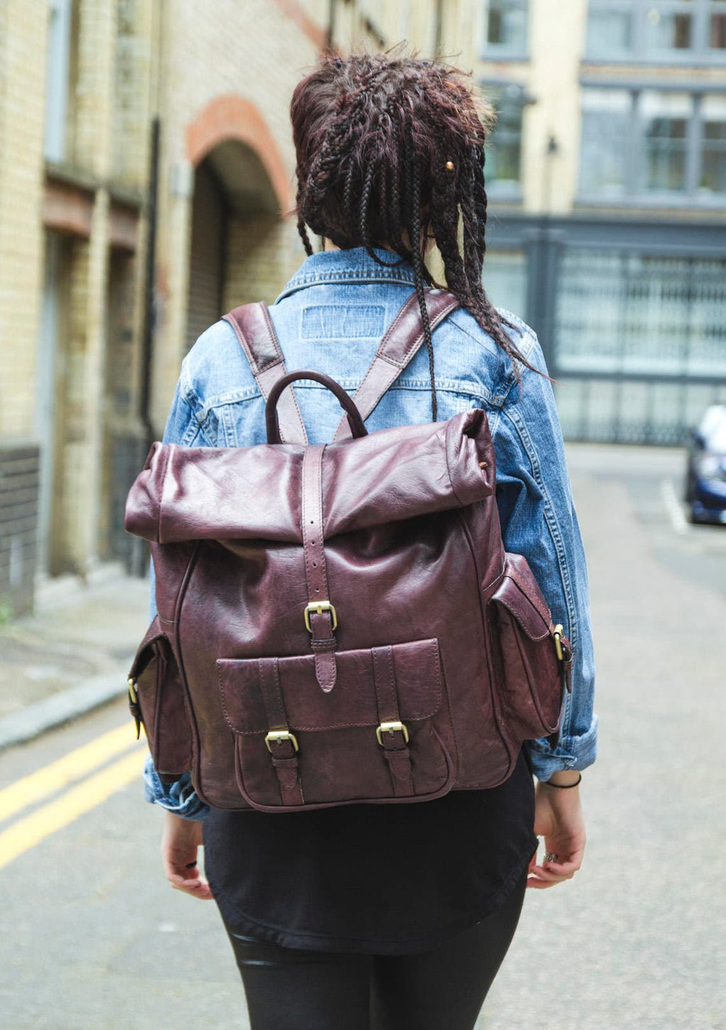 Roll Top Brown Leather Rucksack With Soft Quilted Back