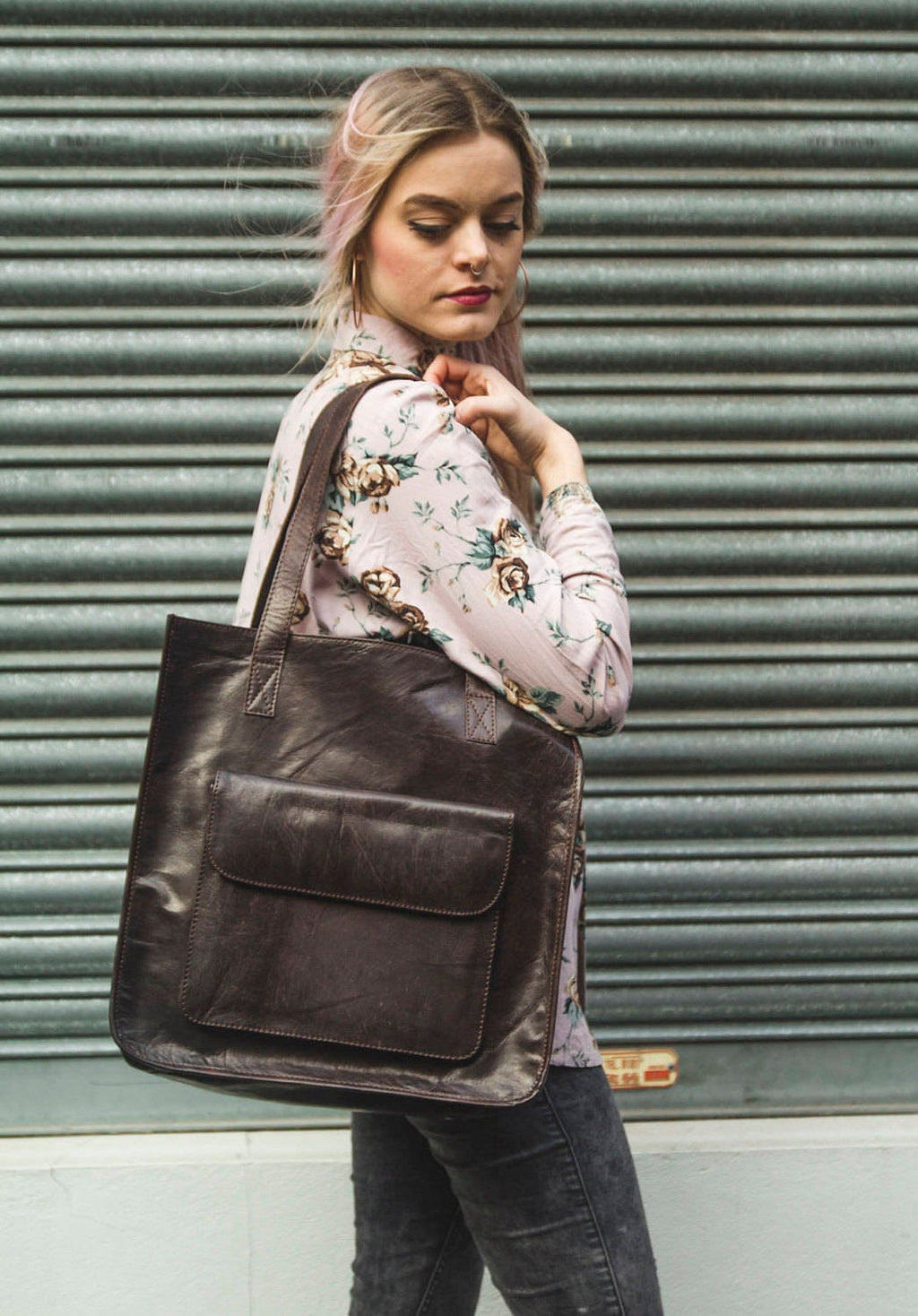 Brown Leather Tote Shopper Bag With Front Book Pocket