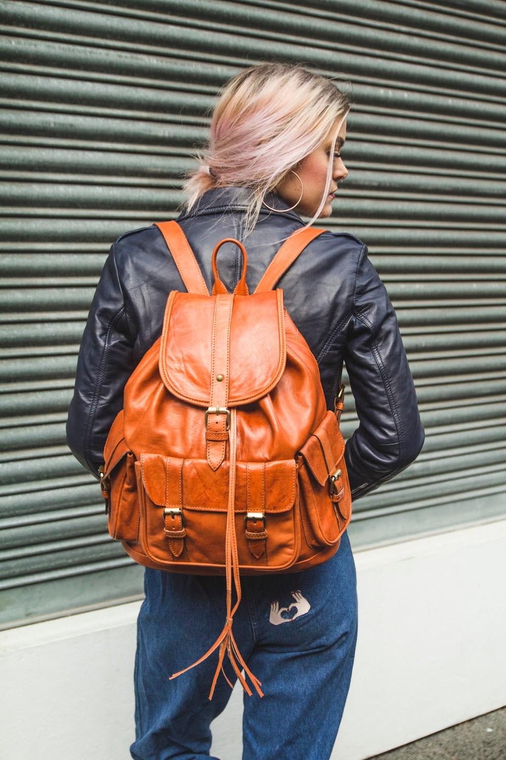 Tan Orange Leather Rucksack Backpack Soft