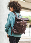 Brown Leather Traveller's Rucksack Backpack With Roll Top