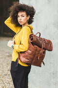 Distressed Leather Traveller's Rucksack Backpack With Roll Top