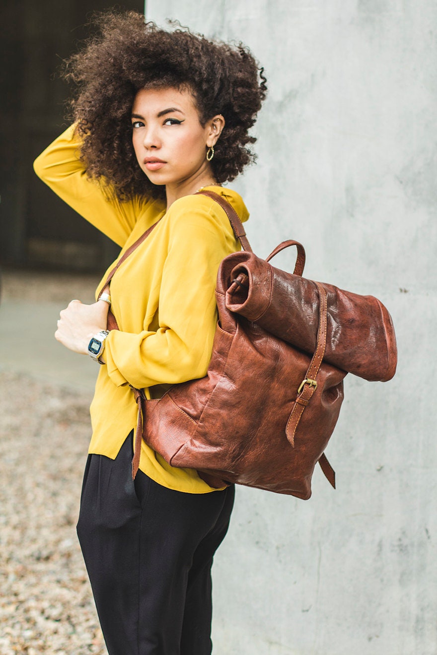 Distressed Leather Traveller's Rucksack Backpack With Roll Top