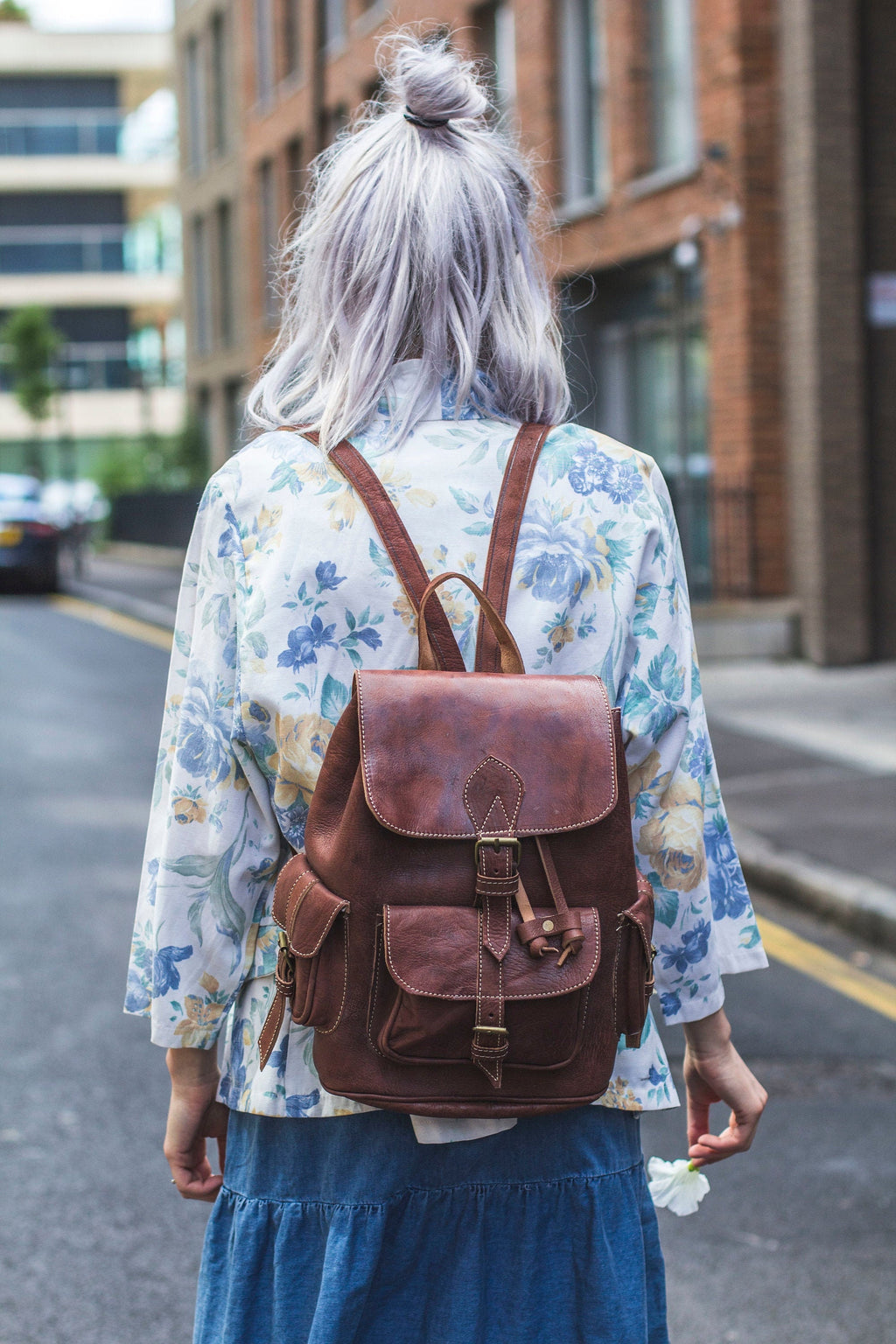 Brown Leather Rucksack Backpack 80's Festival Style