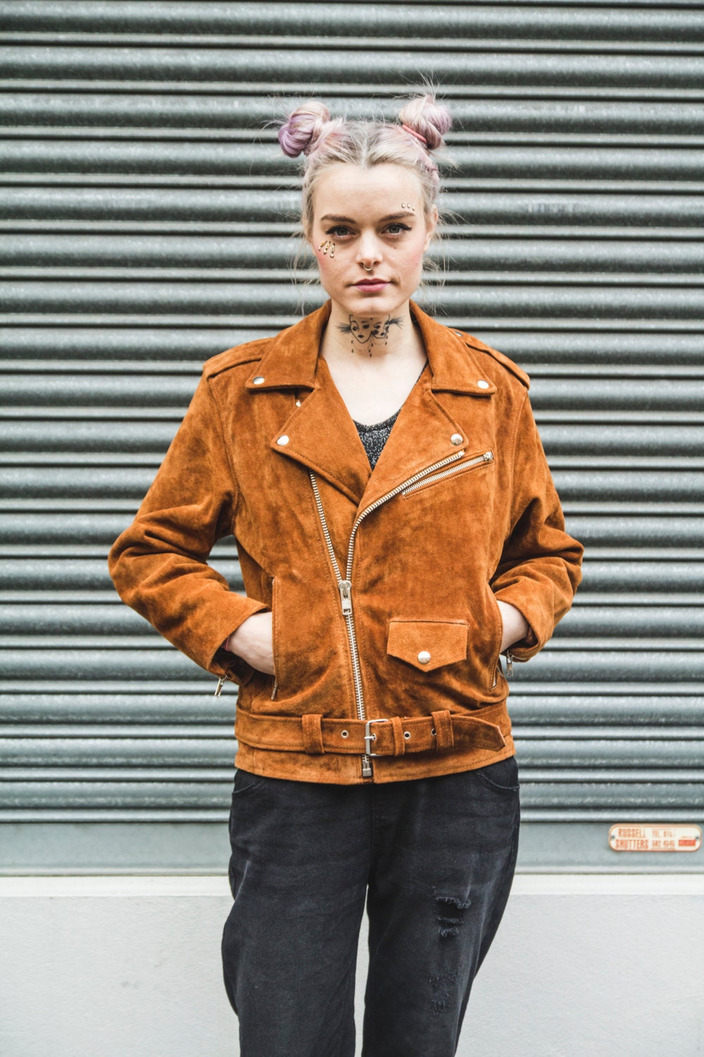 Tan Suede Biker Jacket With Zipper