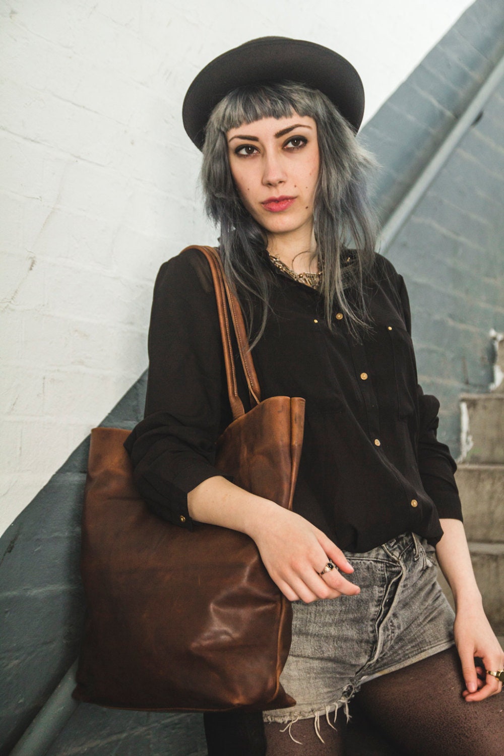 The Distressed Brown Leather Tote, Shopper Bag