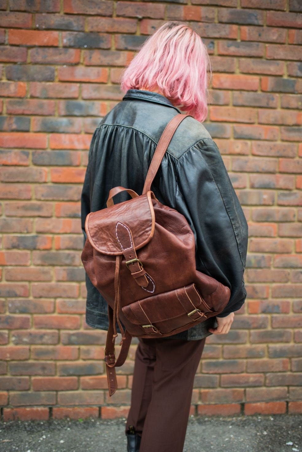 Brown Leather Rucksack Backpack With Pockets