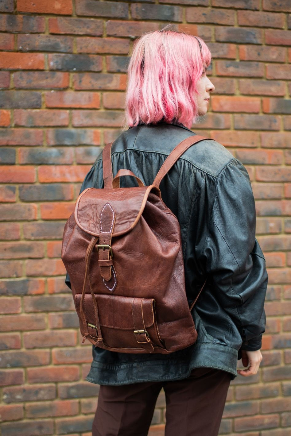 Brown Leather Rucksack Backpack With Pockets