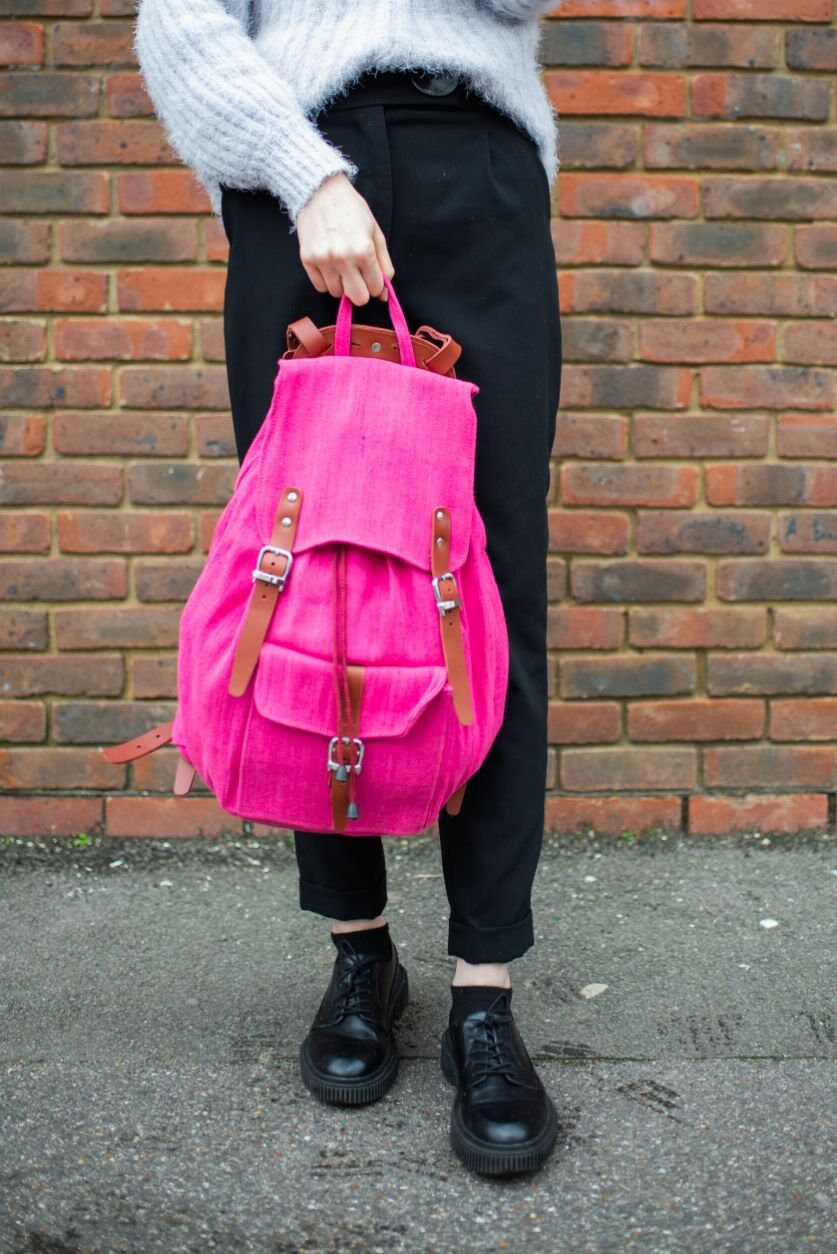 Pink Jute Canvas Rucksack With Leather Straps And Trimmings