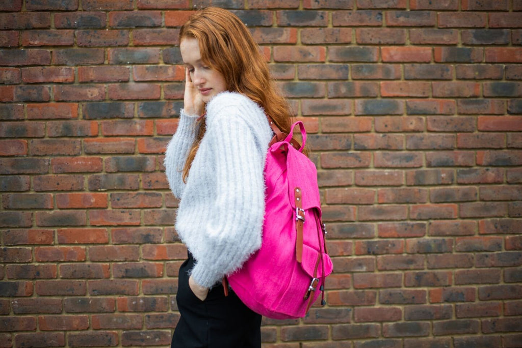 Pink Jute Canvas Rucksack With Leather Straps And Trimmings