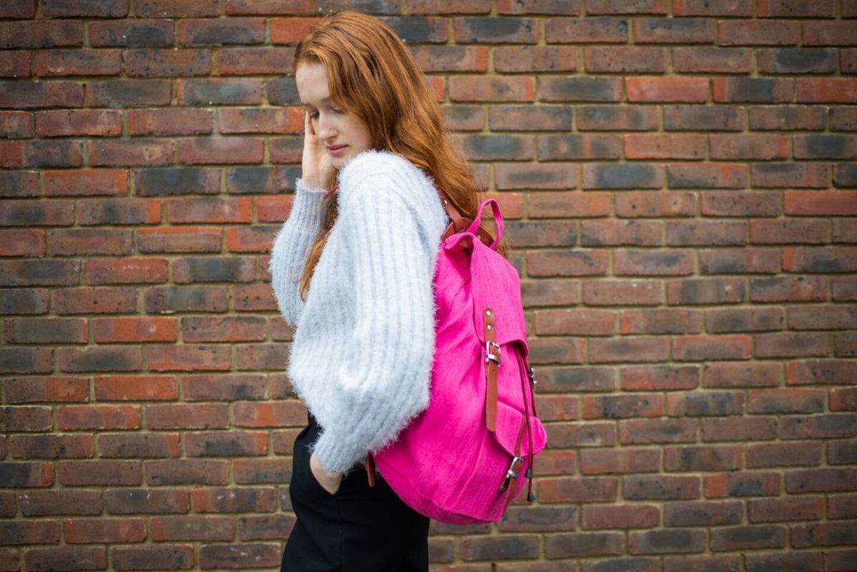 Pink Jute Canvas Rucksack With Leather Straps And Trimmings