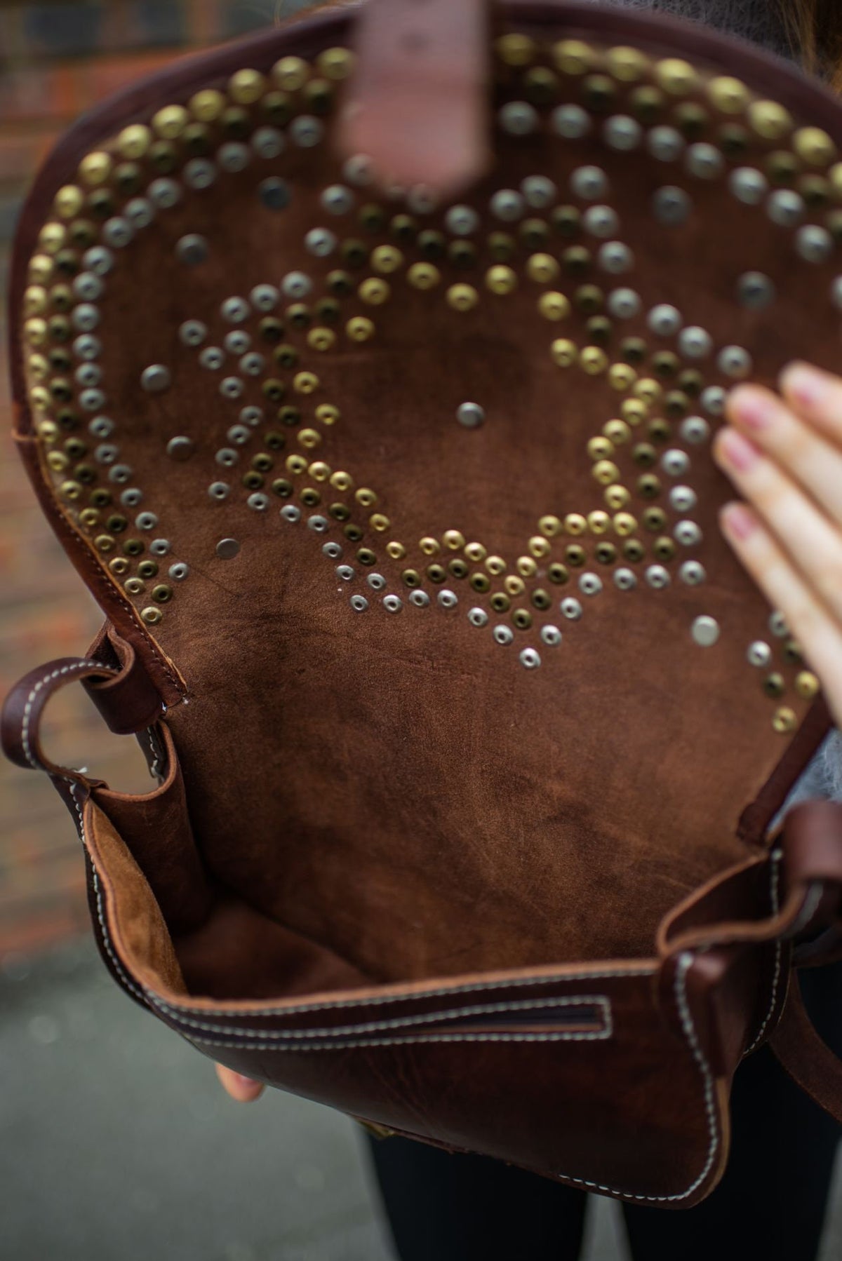 Hand Made Studded Leather Satchel Saddle Bag In Brown