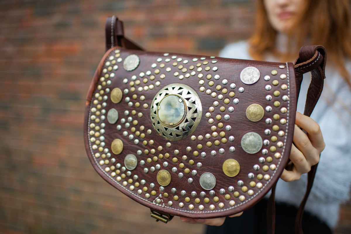 Hand Made Studded Leather Satchel Saddle Bag In Brown