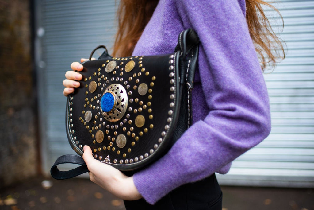 Hand Made Studded Leather Satchel Saddle Bag In Black