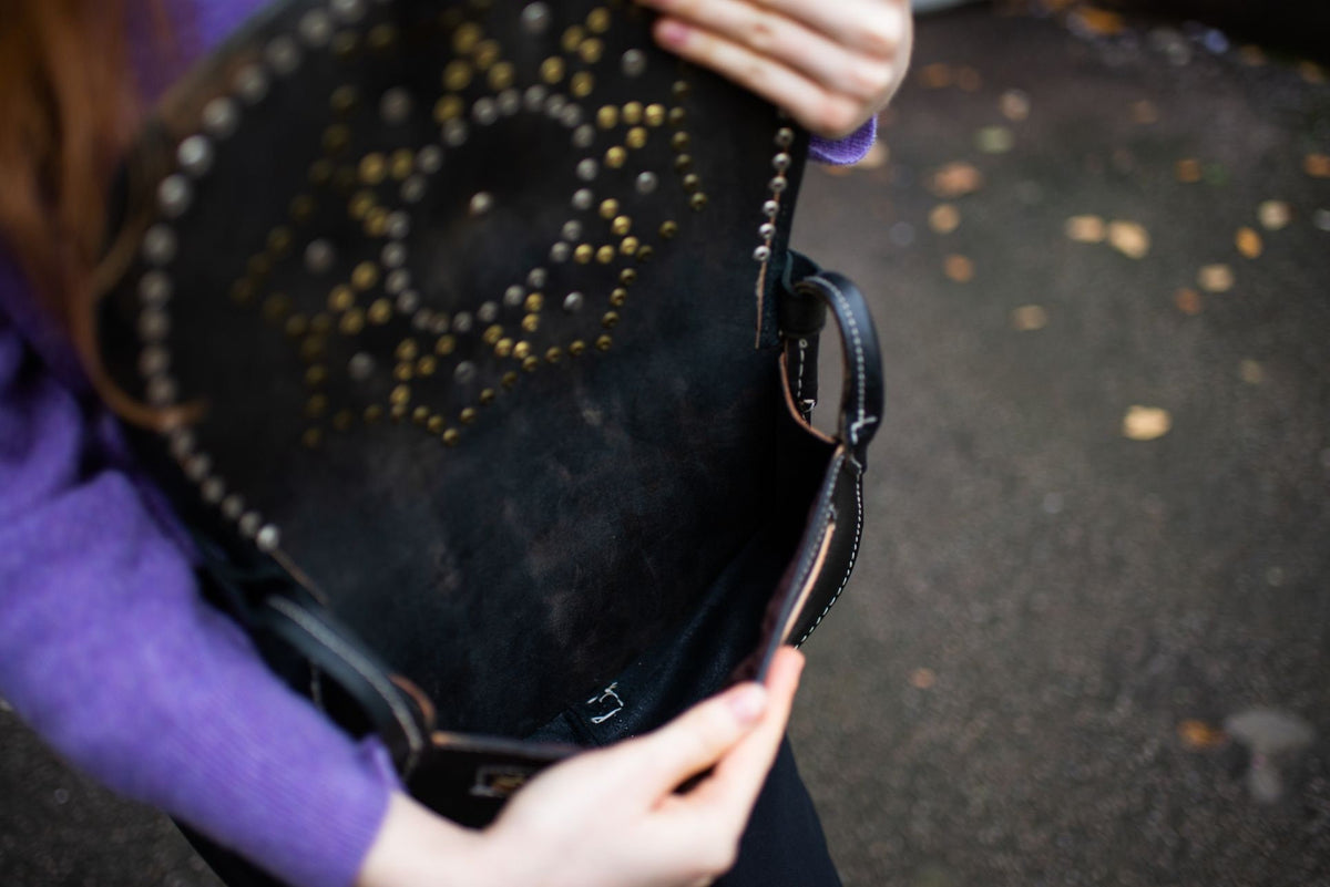 Hand Made Studded Leather Satchel Saddle Bag In Black
