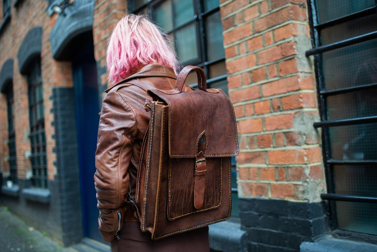 Leather Satchel Backpack In Brown Hand Stitched