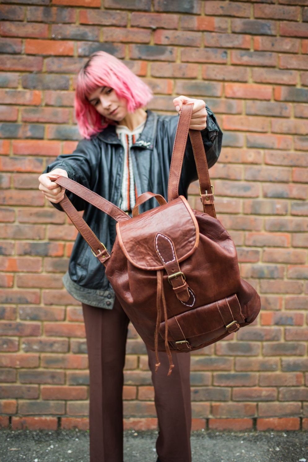 Brown Leather Rucksack Backpack With Pockets