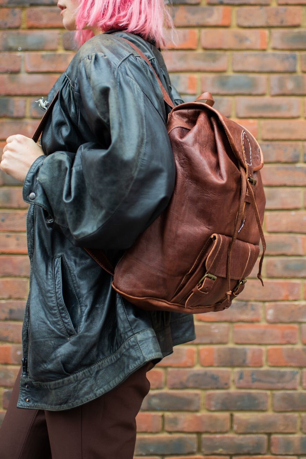 Brown Leather Rucksack Backpack With Pockets