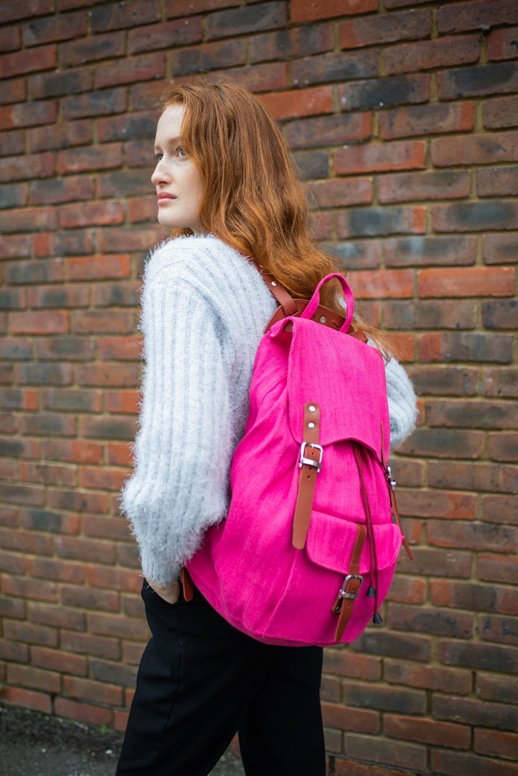Pink Jute Canvas Rucksack With Leather Straps And Trimmings