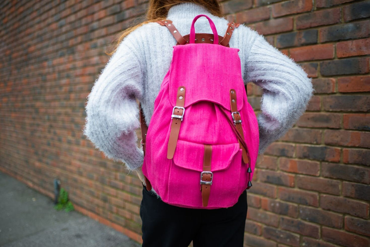 Pink Jute Canvas Rucksack With Leather Straps And Trimmings