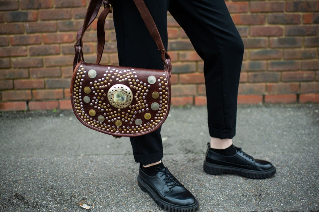 Hand Made Studded Leather Satchel Saddle Bag In Brown